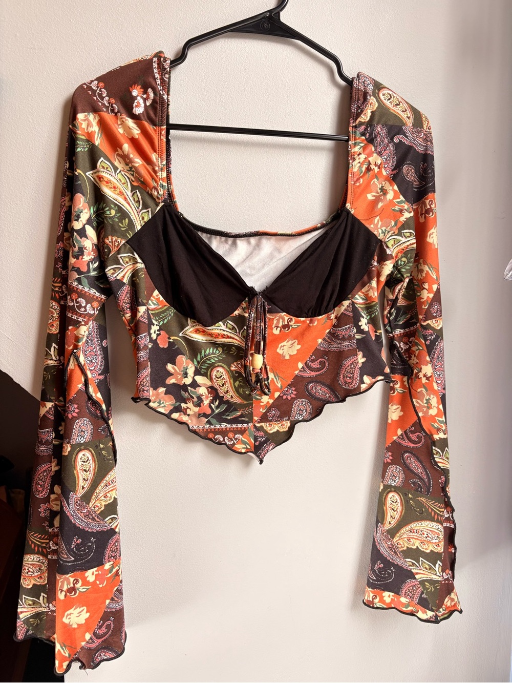 Women's Boho Patchwork Long-Sleeve Crop Top - Black & Orange